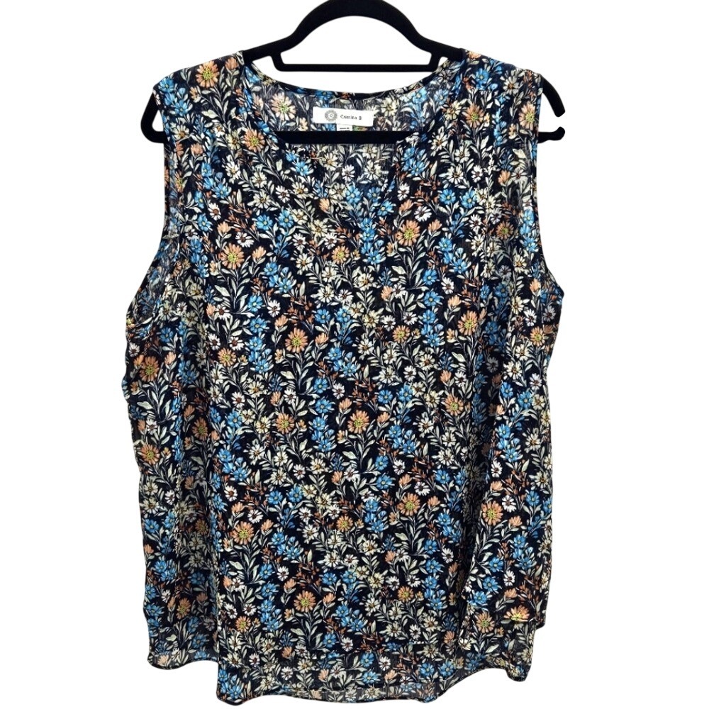 Cristina‎ B Womens Large Floral Sleeveless V-Neck Tiered Hem Blouse Navy Blue L